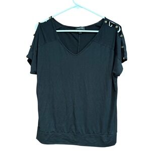 Spense Women's Black V-Neck Short Sleeve Top with‎ Button Detail Size L